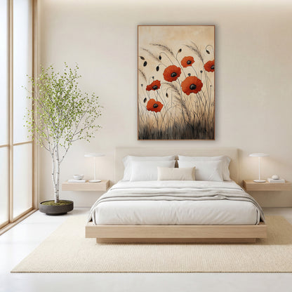 Red Poppies Tall Grasses Japandi wall art in a calm Japandi-style room – six red poppies with dark centers among