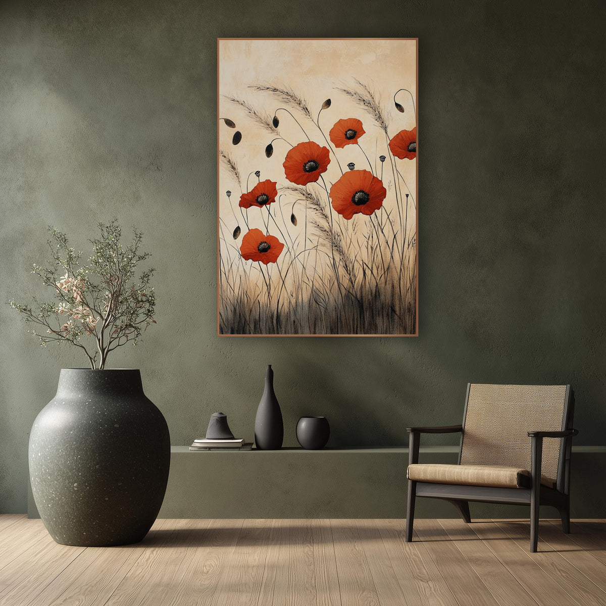 Red Poppies Tall Grasses Japandi wall art in a calm Japandi-style room – six red poppies with dark centers among