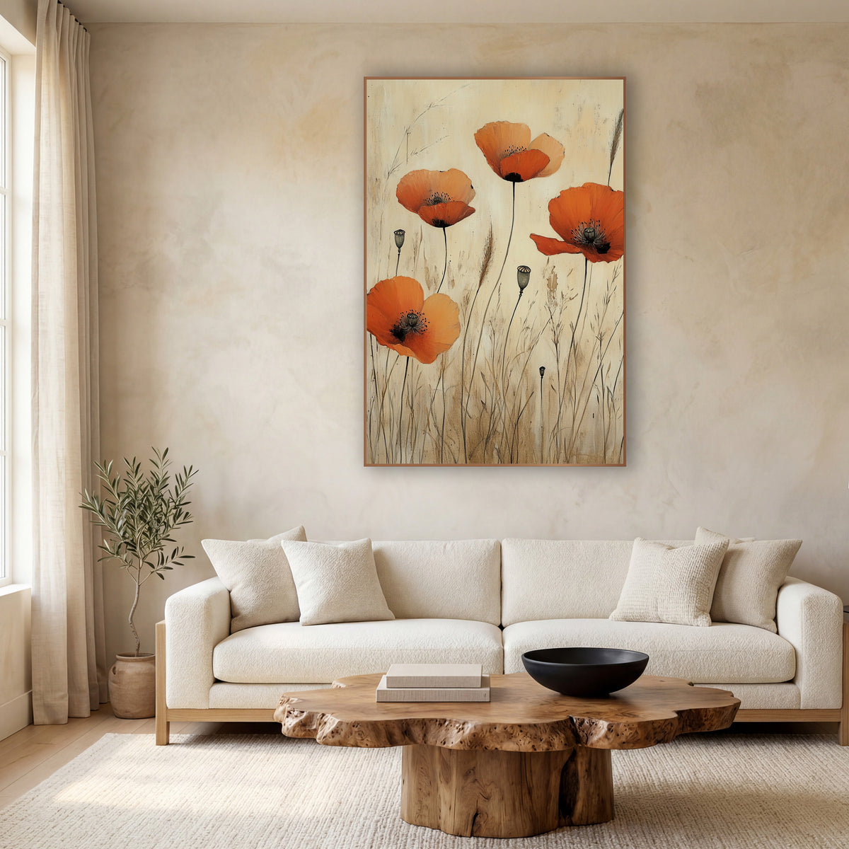 Four Poppies Seed Pods Japandi wall art in a calm Japandi-style room – four orange poppies and gray-green seed pods