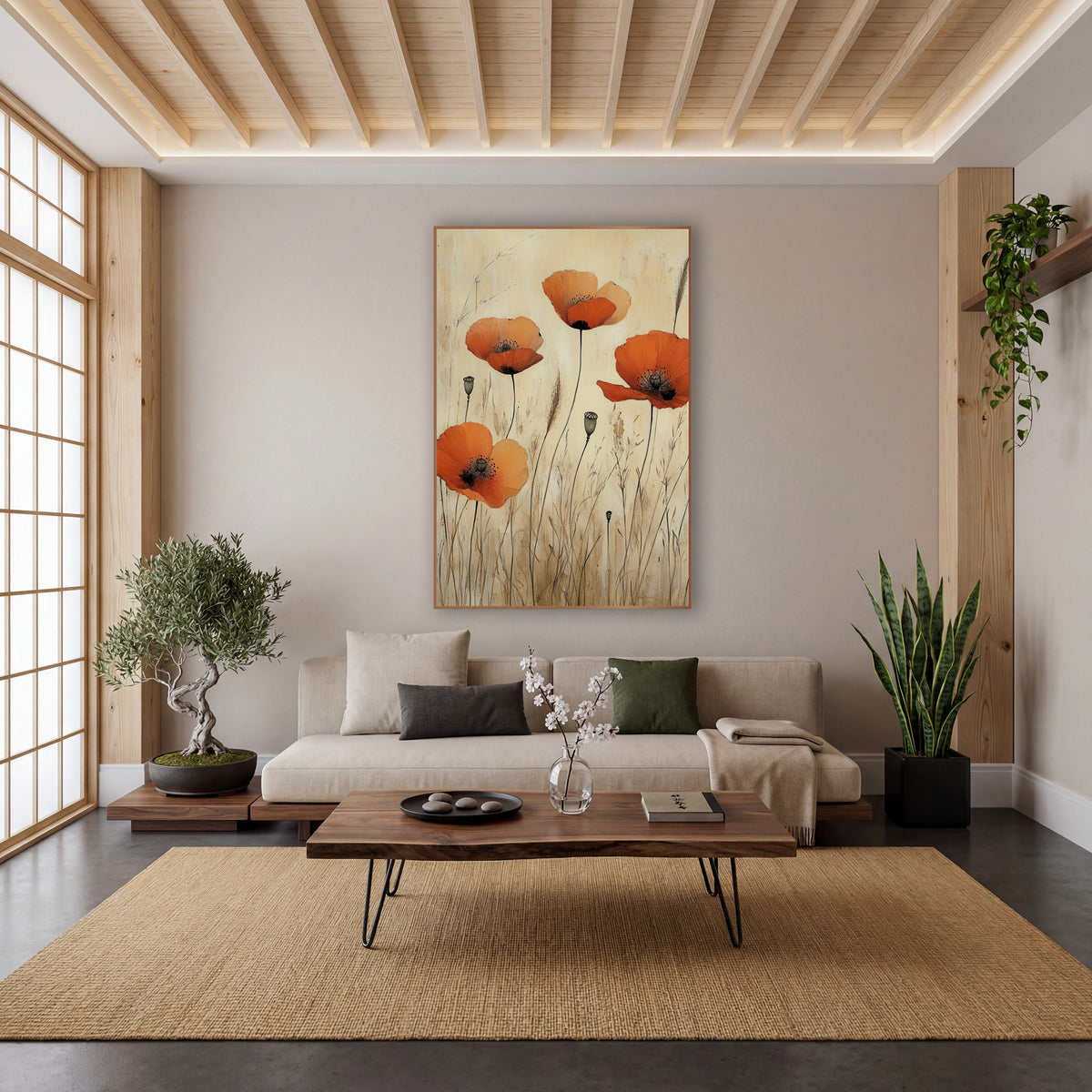 Four Poppies Seed Pods Japandi wall art in a calm Japandi-style room – four orange poppies and gray-green seed pods