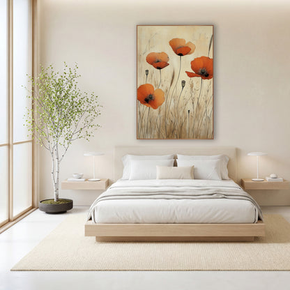 Four Poppies Seed Pods Japandi wall art in a calm Japandi-style room – four orange poppies and gray-green seed pods