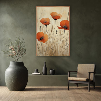 Four Poppies Seed Pods Japandi wall art in a calm Japandi-style room – four orange poppies and gray-green seed pods
