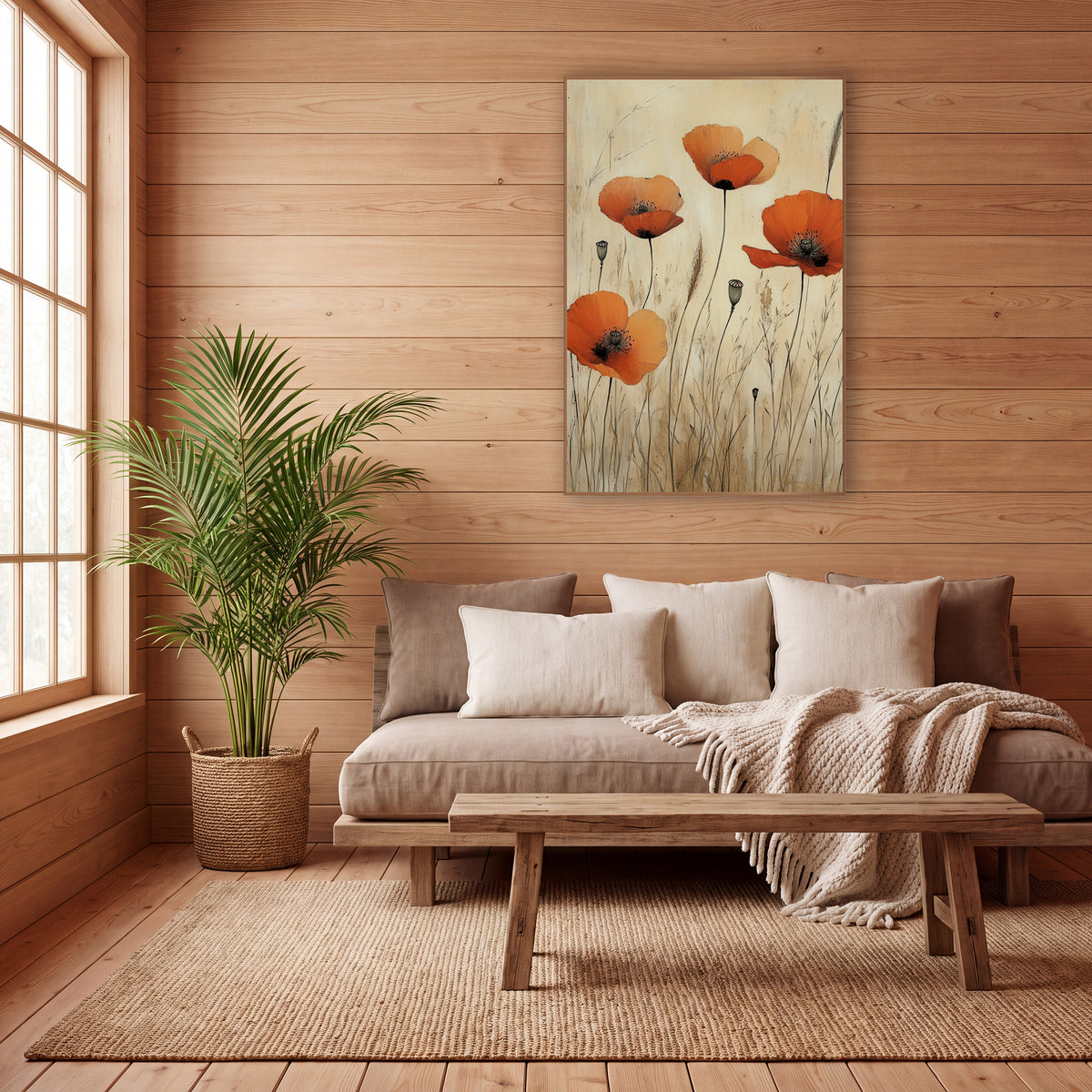Four Poppies Seed Pods Japandi wall art in a calm Japandi-style room – four orange poppies and gray-green seed pods