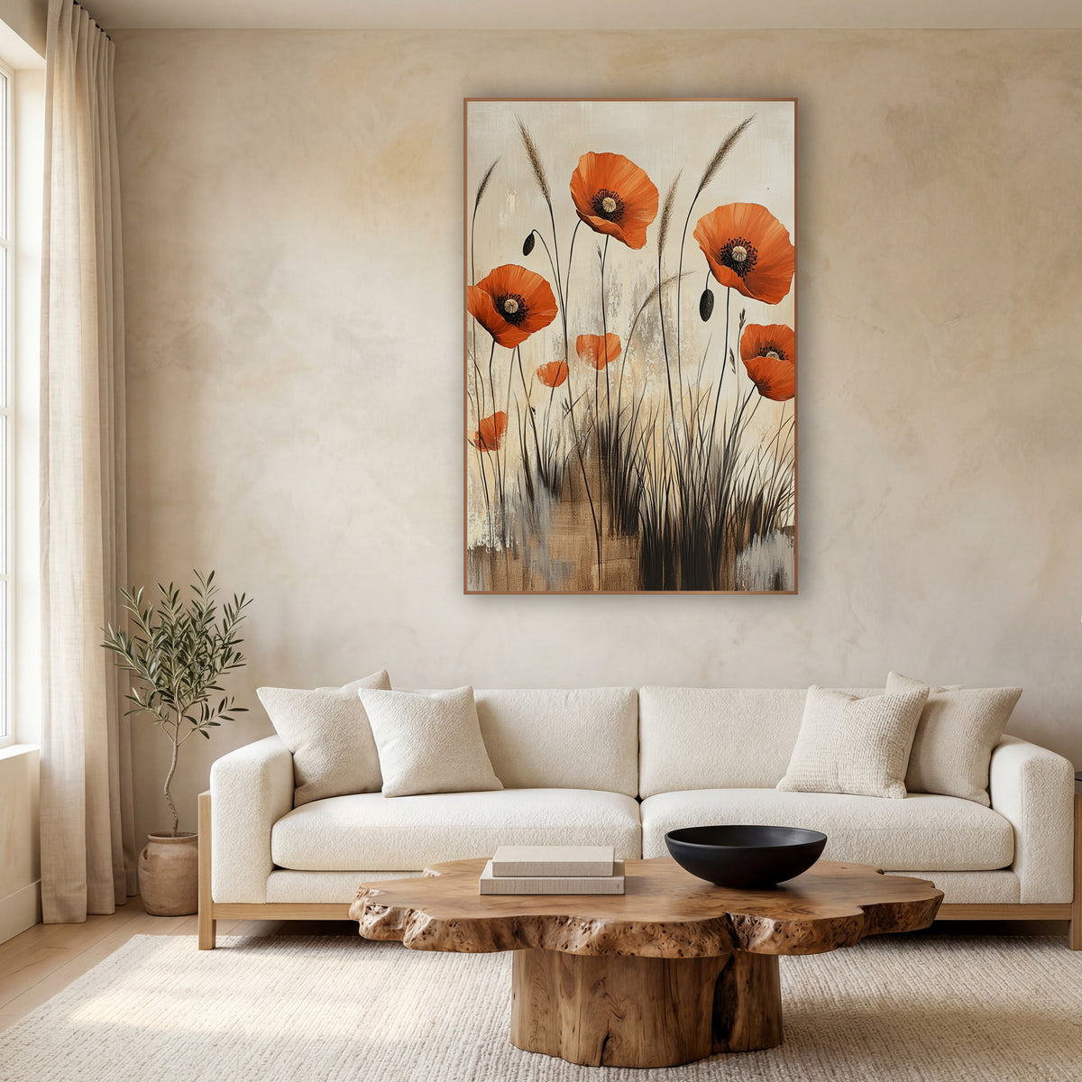 Poppy Reed Thicket Abstract Botanical wall art in a calm Japandi-style room – orange poppies with dark centers