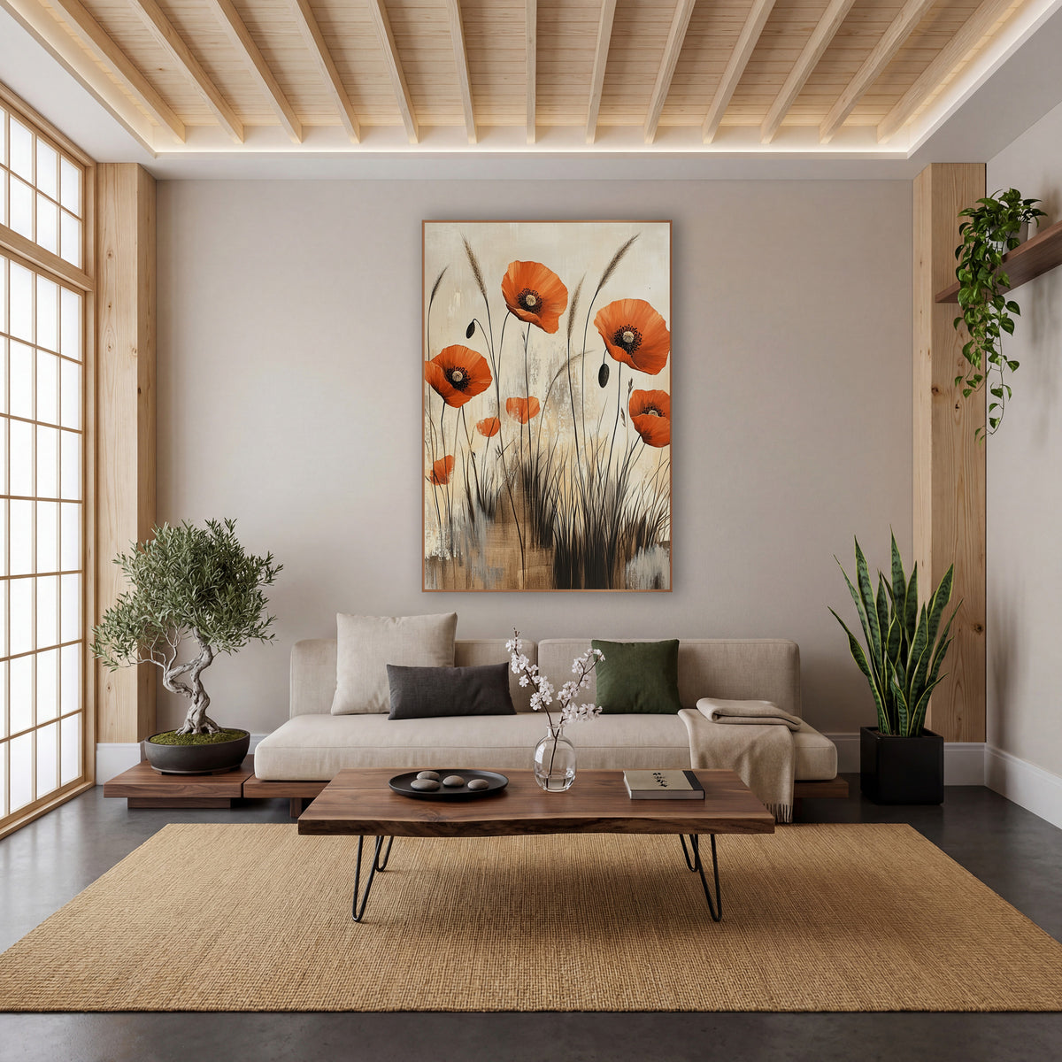 Poppy Reed Thicket Abstract Botanical wall art in a calm Japandi-style room – orange poppies with dark centers