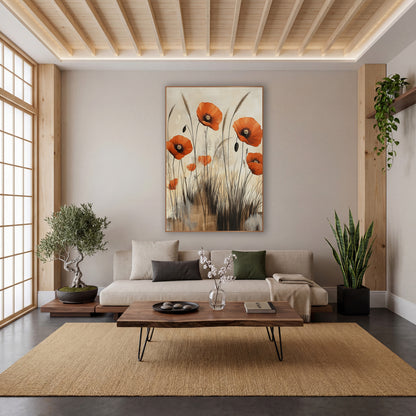 Poppy Reed Thicket Abstract Botanical wall art in a calm Japandi-style room – orange poppies with dark centers