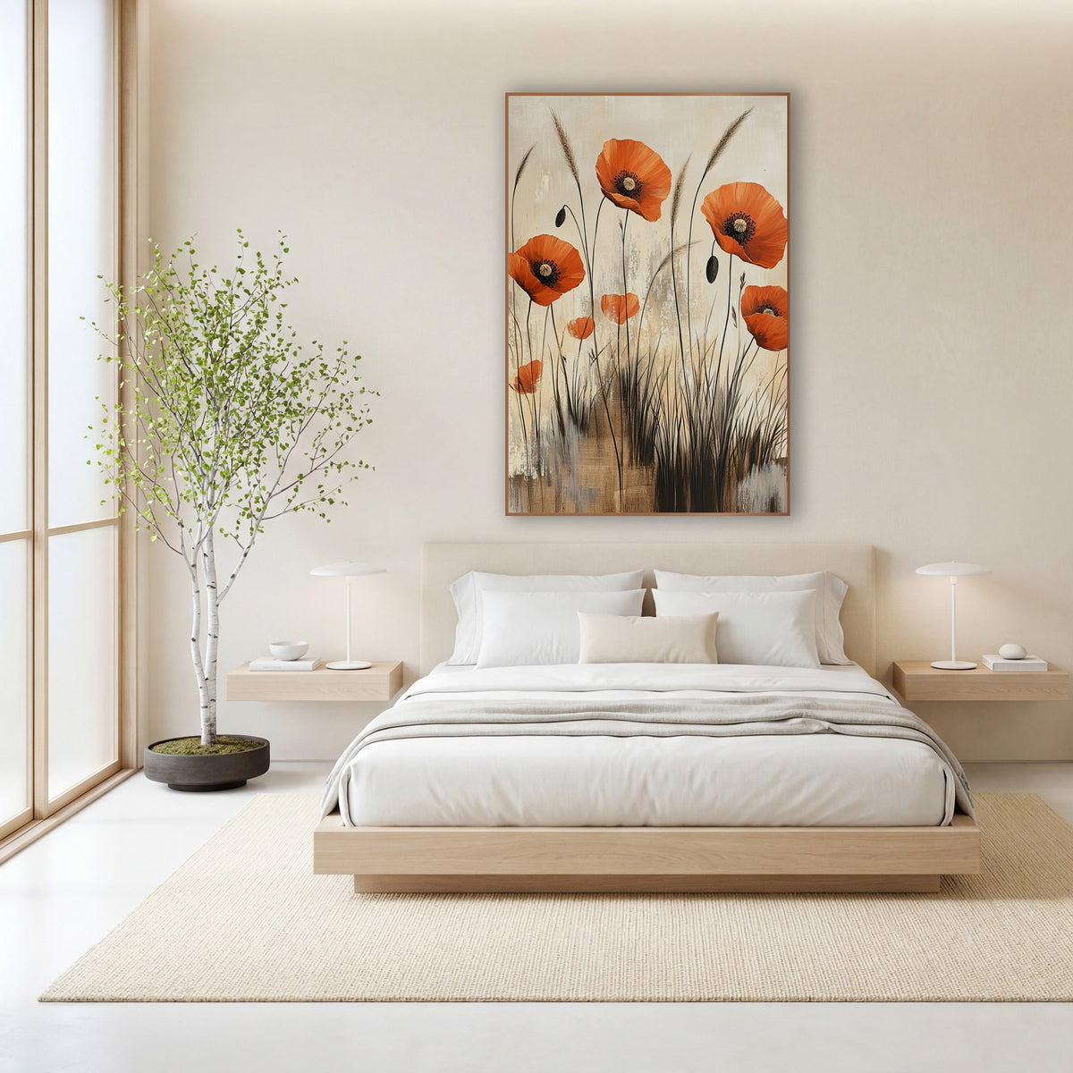 Poppy Reed Thicket Abstract Botanical wall art in a calm Japandi-style room – orange poppies with dark centers