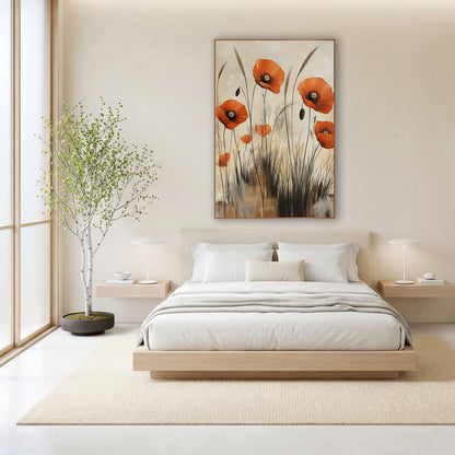 Poppy Reed Thicket Abstract Botanical wall art in a calm Japandi-style room – orange poppies with dark centers