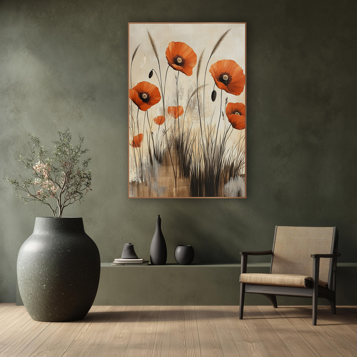 Poppy Reed Thicket Abstract Botanical wall art in a calm Japandi-style room – orange poppies with dark centers