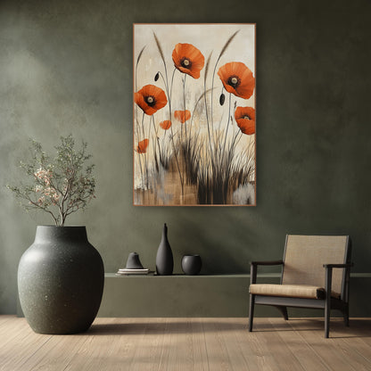 Poppy Reed Thicket Abstract Botanical wall art in a calm Japandi-style room – orange poppies with dark centers