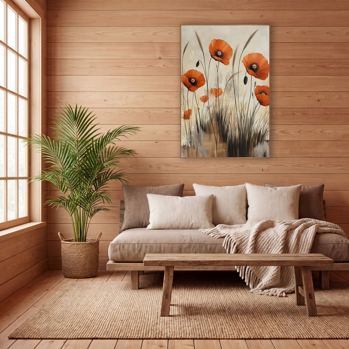 Poppy Reed Thicket Abstract Botanical wall art in a calm Japandi-style room – orange poppies with dark centers