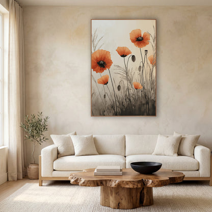 Poppy Mist Sepia Wash Botanical wall art in a calm Japandi-style room – orange poppies with seed pods and feathery