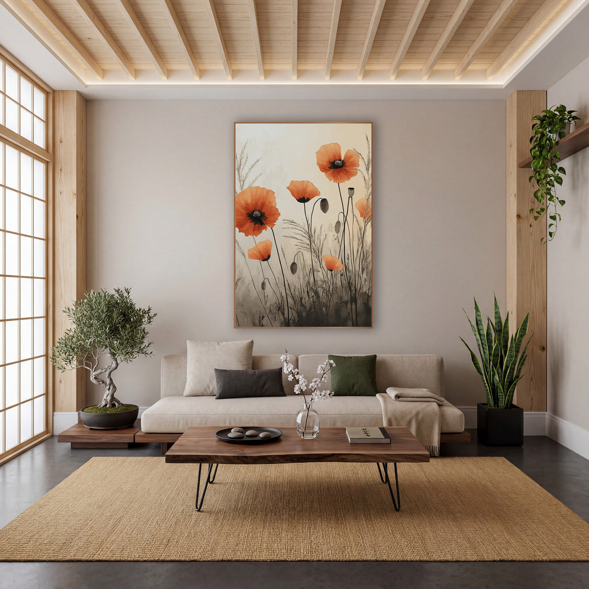 Poppy Mist Sepia Wash Botanical wall art in a calm Japandi-style room – orange poppies with seed pods and feathery