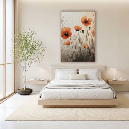 Poppy Mist Sepia Wash Botanical wall art in a calm Japandi-style room – orange poppies with seed pods and feathery