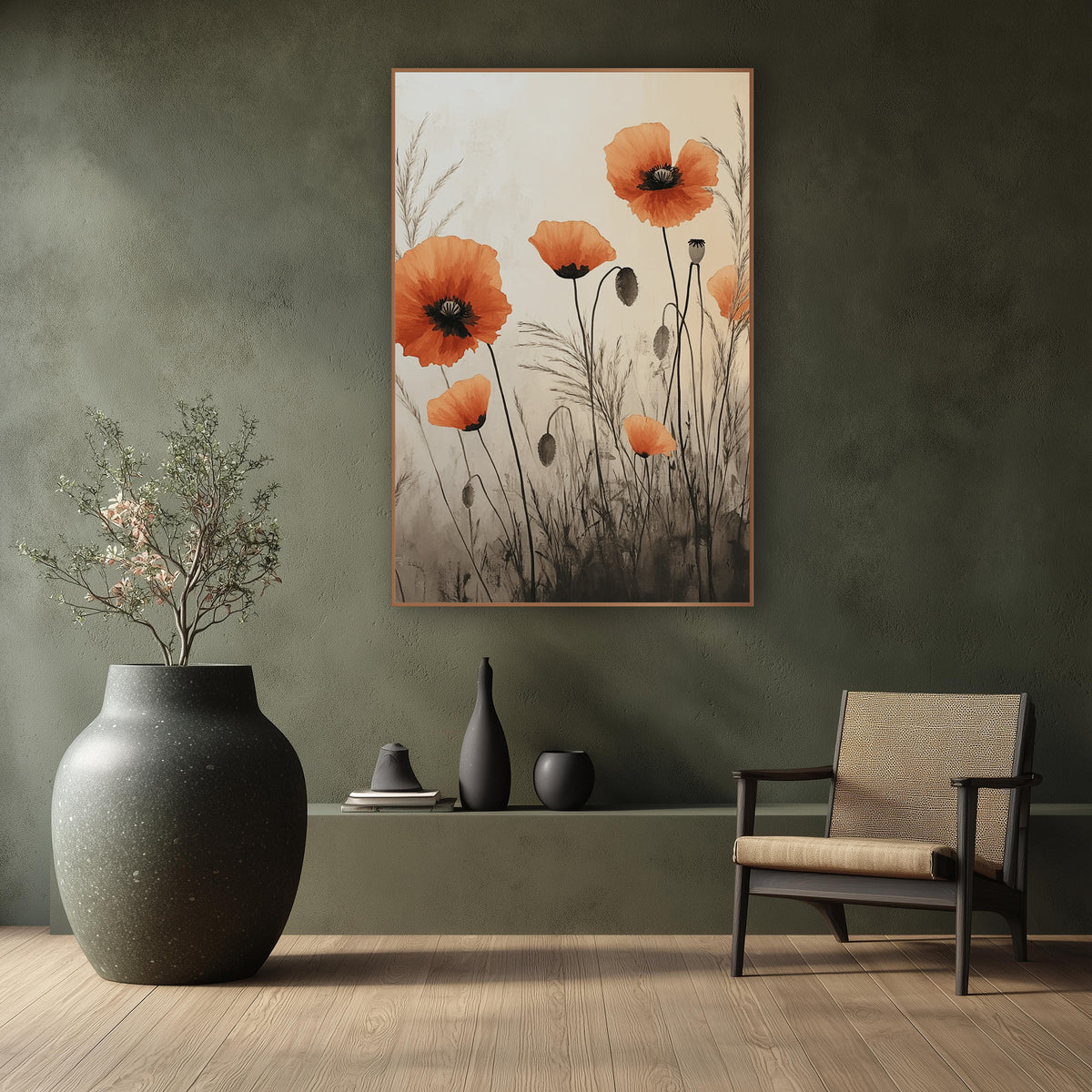 Poppy Mist Sepia Wash Botanical wall art in a calm Japandi-style room – orange poppies with seed pods and feathery