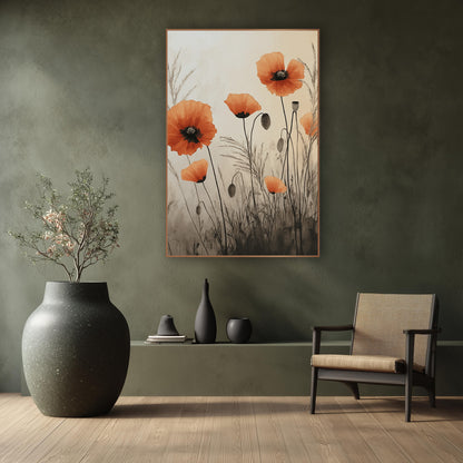 Poppy Mist Sepia Wash Botanical wall art in a calm Japandi-style room – orange poppies with seed pods and feathery