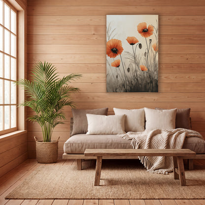 Poppy Mist Sepia Wash Botanical wall art in a calm Japandi-style room – orange poppies with seed pods and feathery