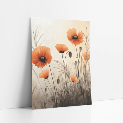 Poppy Mist Sepia Wash Botanical art print leaning against a white wall – orange poppies with seed pods and feathery grasses