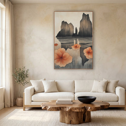 Coral Blossoms Sea Stacks Japandi wall art in a calm Japandi-style room – tall dark sea stacks reflected in calm water