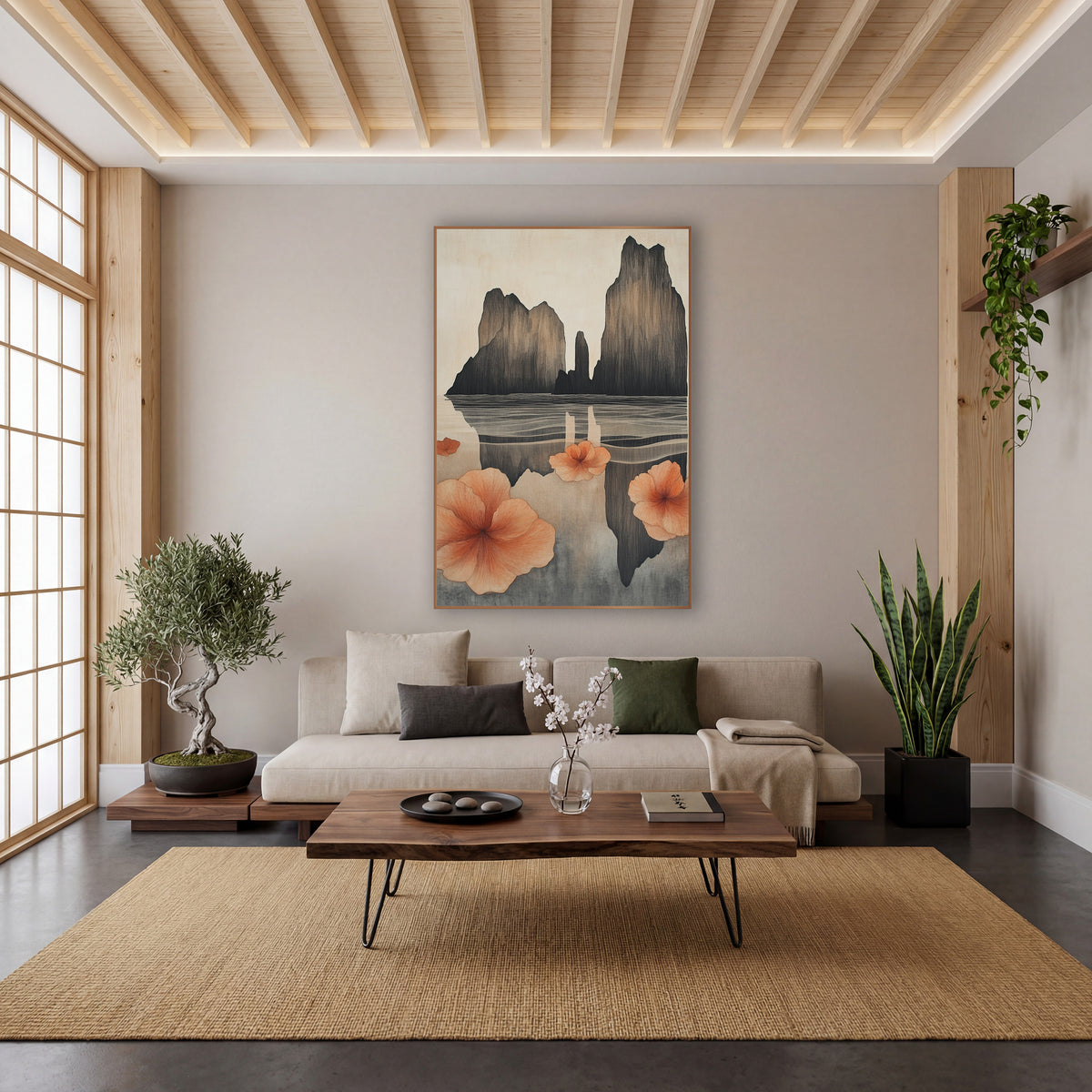 Coral Blossoms Sea Stacks Japandi wall art in a calm Japandi-style room – tall dark sea stacks reflected in calm water