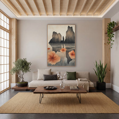 Coral Blossoms Sea Stacks Japandi wall art in a calm Japandi-style room – tall dark sea stacks reflected in calm water