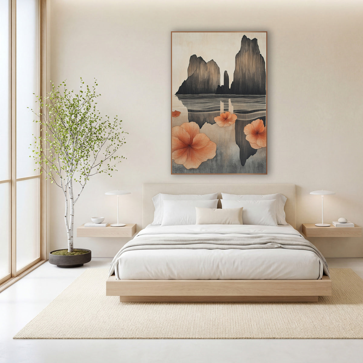 Coral Blossoms Sea Stacks Japandi wall art in a calm Japandi-style room – tall dark sea stacks reflected in calm water