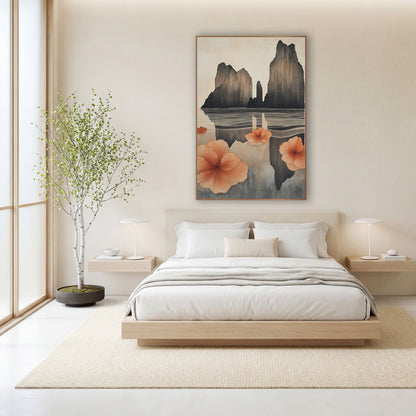Coral Blossoms Sea Stacks Japandi wall art in a calm Japandi-style room – tall dark sea stacks reflected in calm water