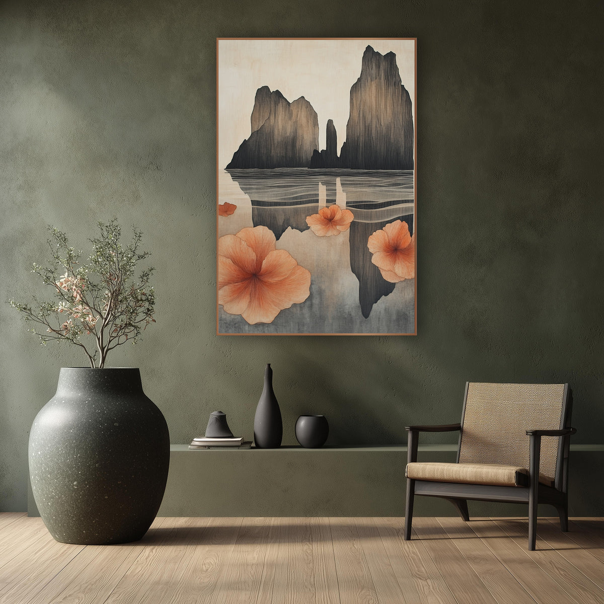 Coral Blossoms Sea Stacks Japandi wall art in a calm Japandi-style room – tall dark sea stacks reflected in calm water