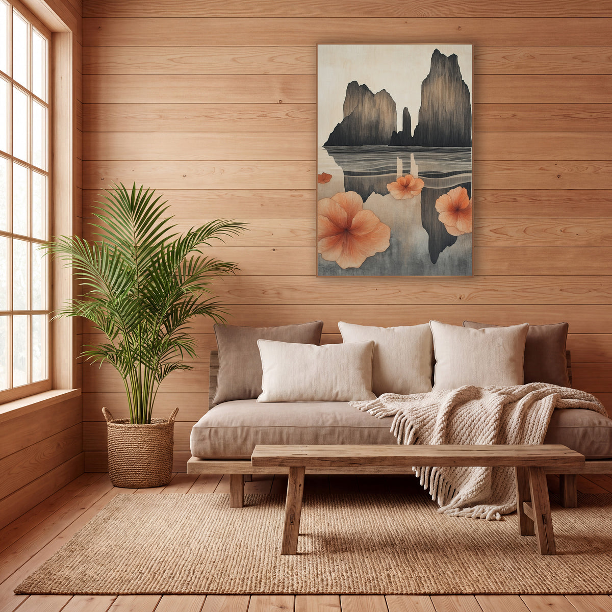 Coral Blossoms Sea Stacks Japandi wall art in a calm Japandi-style room – tall dark sea stacks reflected in calm water