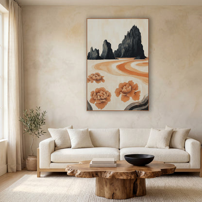 Black Rock Peony Landscape Japandi wall art in a calm Japandi-style room – three black jagged rock peaks above