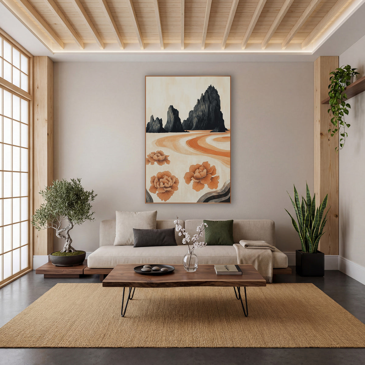 Black Rock Peony Landscape Japandi wall art in a calm Japandi-style room – three black jagged rock peaks above