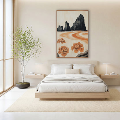 Black Rock Peony Landscape Japandi wall art in a calm Japandi-style room – three black jagged rock peaks above