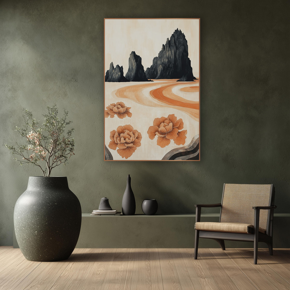 Black Rock Peony Landscape Japandi wall art in a calm Japandi-style room – three black jagged rock peaks above