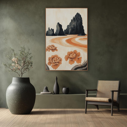 Black Rock Peony Landscape Japandi wall art in a calm Japandi-style room – three black jagged rock peaks above