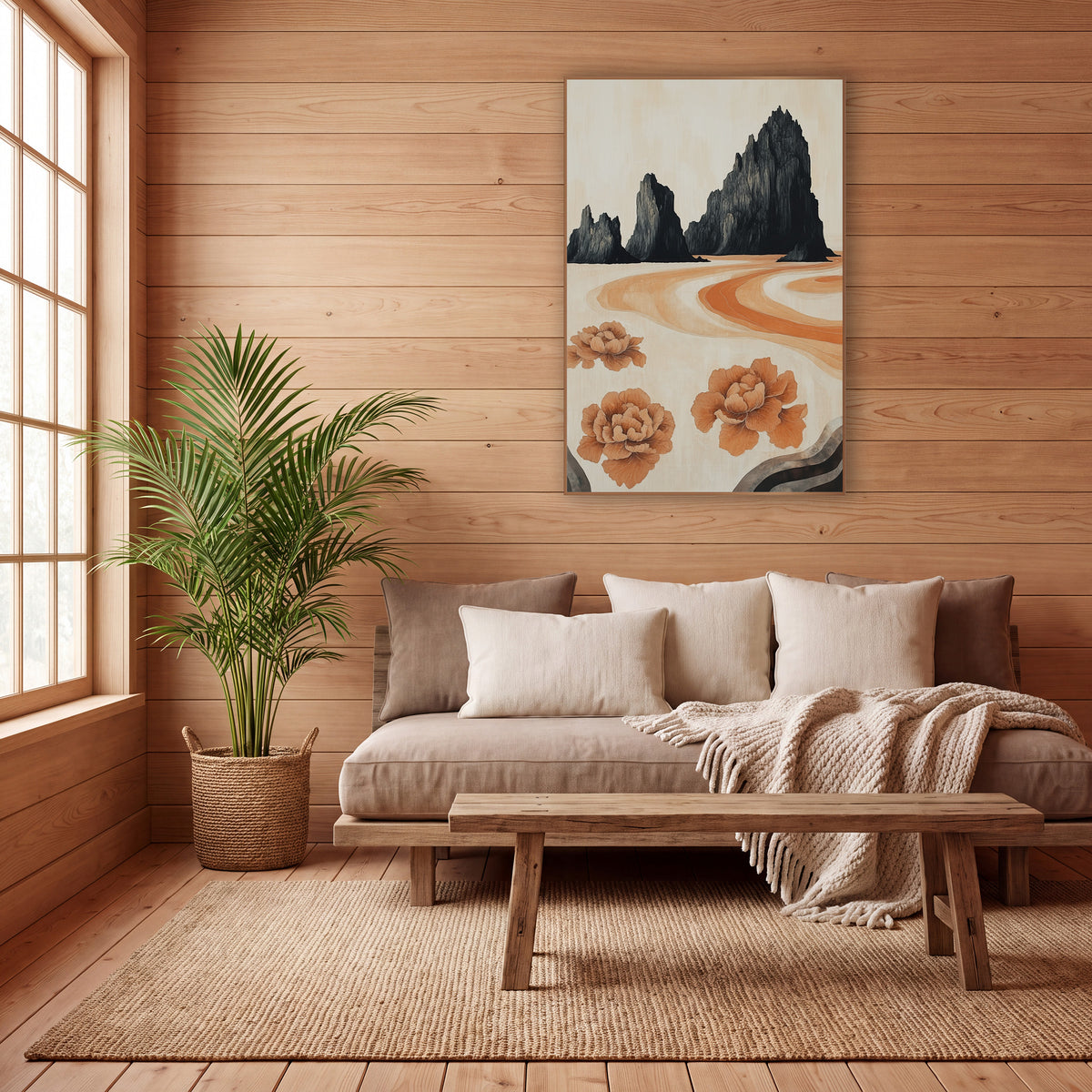 Black Rock Peony Landscape Japandi wall art in a calm Japandi-style room – three black jagged rock peaks above