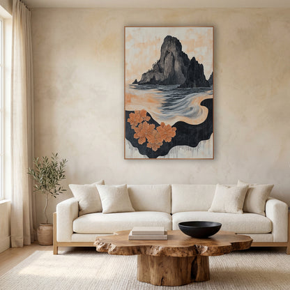 Black Sea Stack Peach Blossom Japandi wall art in a calm Japandi-style room – dark rock island above a swirling gray