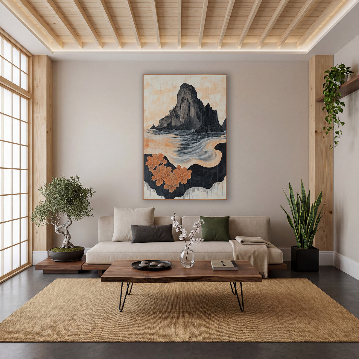 Black Sea Stack Peach Blossom Japandi wall art in a calm Japandi-style room – dark rock island above a swirling gray