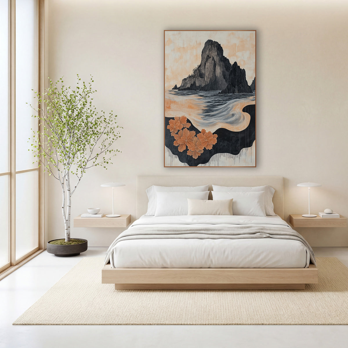 Black Sea Stack Peach Blossom Japandi wall art in a calm Japandi-style room – dark rock island above a swirling gray