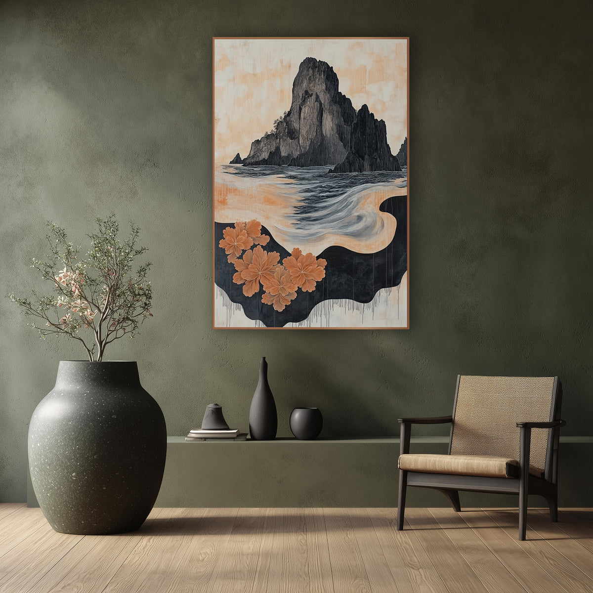 Black Sea Stack Peach Blossom Japandi wall art in a calm Japandi-style room – dark rock island above a swirling gray