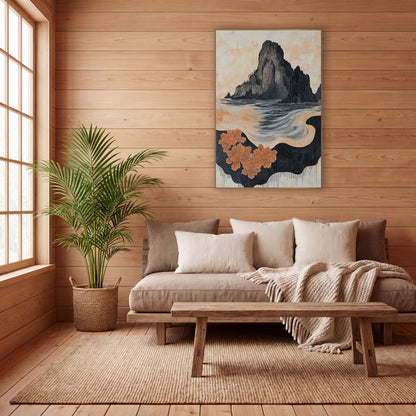 Black Sea Stack Peach Blossom Japandi wall art in a calm Japandi-style room – dark rock island above a swirling gray