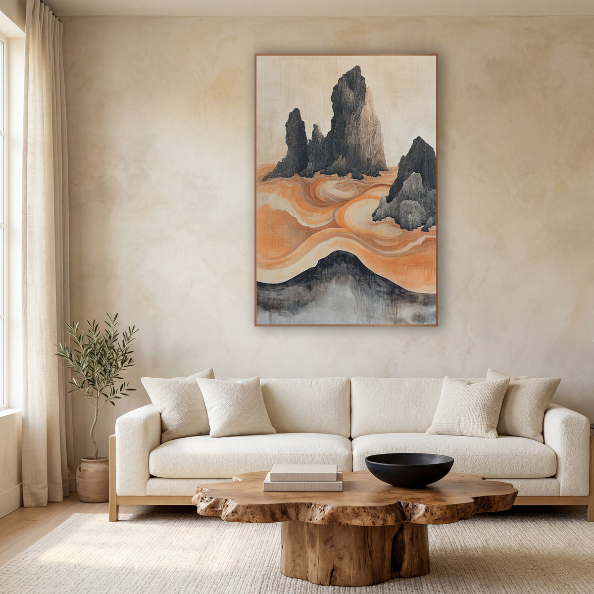 Ink Rock Orange Swirl Japandi wall art in a calm Japandi-style room – dark jagged rock spires rising from swirling