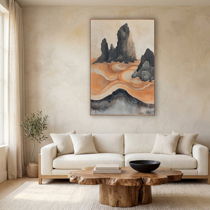 Ink Rock Orange Swirl Japandi wall art in a calm Japandi-style room – dark jagged rock spires rising from swirling