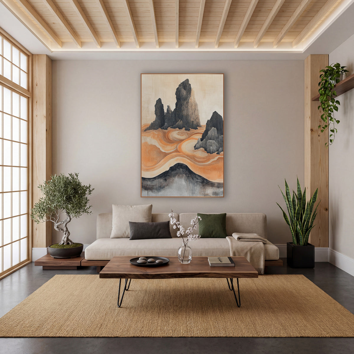 Ink Rock Orange Swirl Japandi wall art in a calm Japandi-style room – dark jagged rock spires rising from swirling