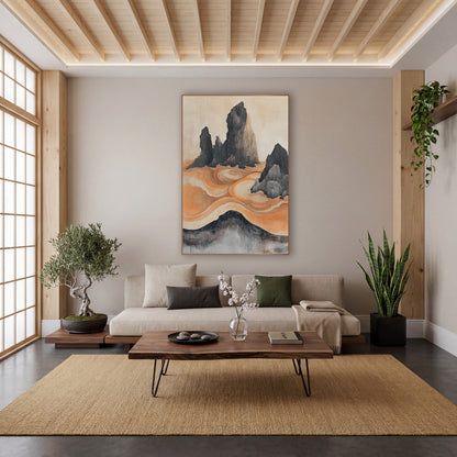 Ink Rock Orange Swirl Japandi wall art in a calm Japandi-style room – dark jagged rock spires rising from swirling
