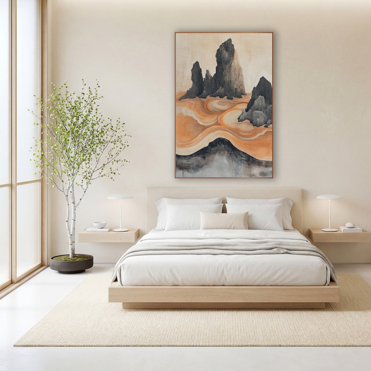Ink Rock Orange Swirl Japandi wall art in a calm Japandi-style room – dark jagged rock spires rising from swirling