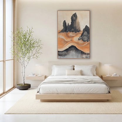 Ink Rock Orange Swirl Japandi wall art in a calm Japandi-style room – dark jagged rock spires rising from swirling