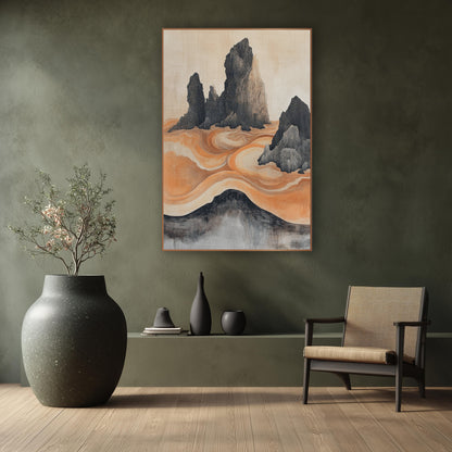 Ink Rock Orange Swirl Japandi wall art in a calm Japandi-style room – dark jagged rock spires rising from swirling