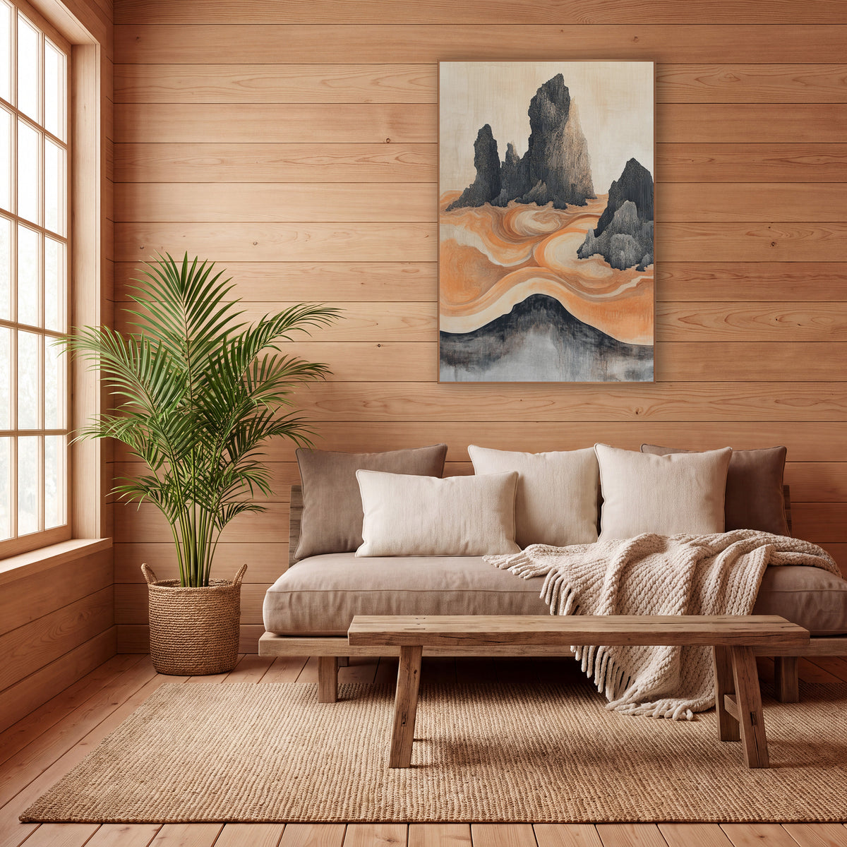 Ink Rock Orange Swirl Japandi wall art in a calm Japandi-style room – dark jagged rock spires rising from swirling