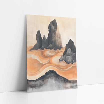 Ink Rock Orange Swirl Japandi art print leaning against a white wall – dark jagged rock spires rising from swirling orange