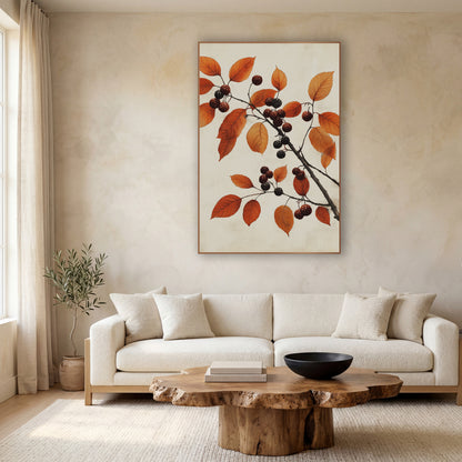 Rust Leaf Dark Berry Branch Study wall art in a calm Japandi-style room – dark branch with rust-orange autumn leaves